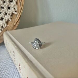 Silver Pear Double Halo Pave Ring “Sigyn” Teardrop Clear Engagement Promise
